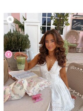 White Eyelet Lace Summer Dress - Scalloped V-Neck